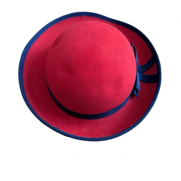 Vintage Doeskin Felt 100% Wool Red Hat Black Trim Bow made in USA - Picture 2 of 7